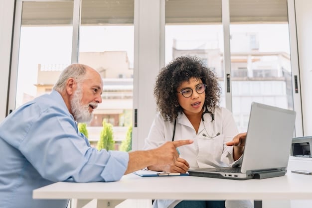 An office setting where a healthcare professional is explaining insurance options to a patient using a tablet. The patient looks engaged and is asking questions. This image represents personalized guidance in navigating health insurance choices. Is Your Health Insurance Ready for the 2025 Changes? A Comprehensive US Guide is symbolically depicted through their interaction.
