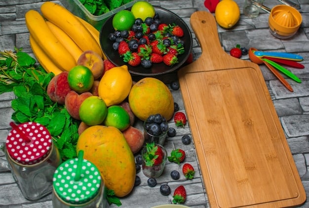 A colorful assortment of fresh fruits and vegetables displayed on a wooden table. The selection includes berries, apples, leafy greens, carrots, and bell peppers. The image conveys the concept of a healthy and balanced diet.