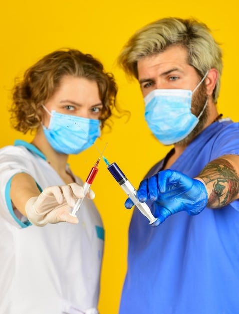 A split image showing two different types of flu vaccines. On one side, a person is receiving an injection of the inactivated influenza vaccine (IIV). On the other side, a healthcare professional is administering the live attenuated influenza vaccine (LAIV) as a nasal spray to a child. The background includes medical equipment and a clean, clinical setting. This illustrates the various methods for preventing the Flu in 2025: What You Need to Know About the Updated Vaccine.