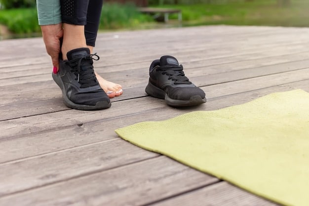A close-up of a person's feet wearing running shoes standing on a yoga mat, ready to start a simple exercise routine, indicating preparation for Exercise for Beginners: A Simple 30-Day Plan to Improve Your Fitness.