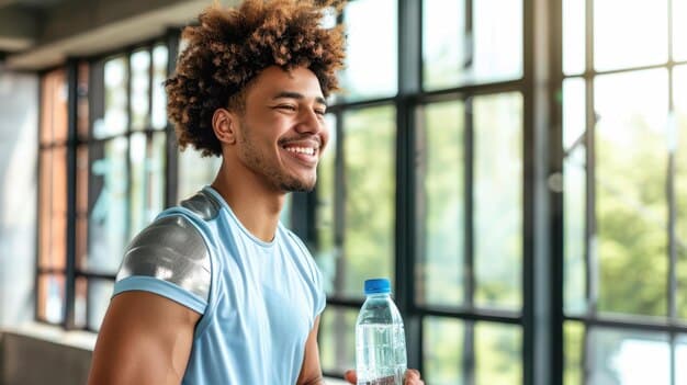 A person smiling and drinking water after finishing an exercise routine, highlighting the importance of hydration during Exercise for Beginners: A Simple 30-Day Plan to Improve Your Fitness.