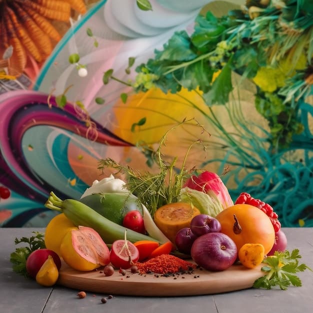A colorful vibrant display of fruits and vegetables, symbolizing a healthy diet to combat stress. The setting includes elements pertinent to 'The Impact of Stress on Your Health: 5 Practical Ways to Manage Stress Effectively' by showcasing nutritional stress management.