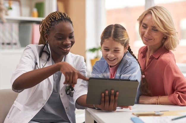 A healthcare professional explaining complex insurance details to a diverse family using a tablet, symbolizing clarity and guidance in navigating 2025 mandates.