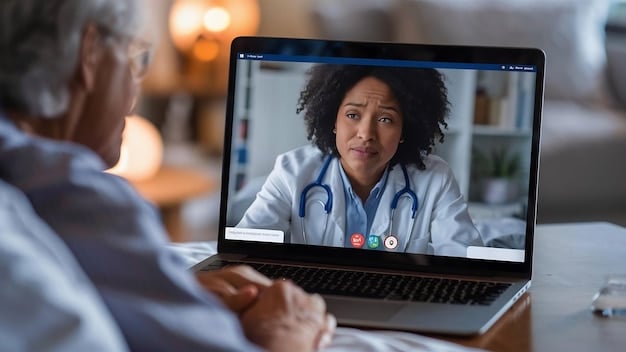 A doctor consulting a patient virtually on a laptop, demonstrating accessible telehealth services.