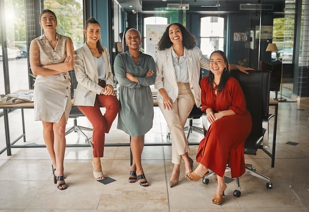 A diverse group of professional women in a contemporary office setting, each dressed in power attire that reflects their individual style while maintaining professionalism. One is wearing a tailored blazer and wide-leg trousers, another a sophisticated midi dress, all looking engaged and confident.