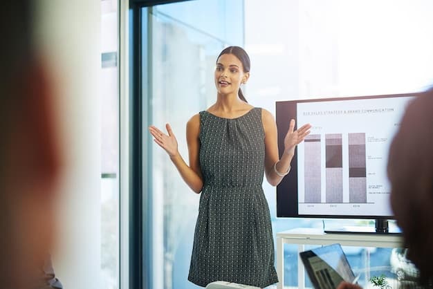 A successful businesswoman confidently presenting in a meeting room, dressed in a sleek and modern power outfit. Her attire is professional yet reflects her personal style, capturing attention and authority.