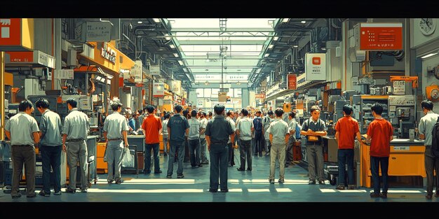A bustling factory floor with workers assembling advanced machinery, symbolizing the indirect job growth in manufacturing and supply chains due to infrastructure investments.
