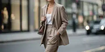 Woman in tailored blazer and wide-leg trousers, embodying 2026 classic trends for everyday wear.