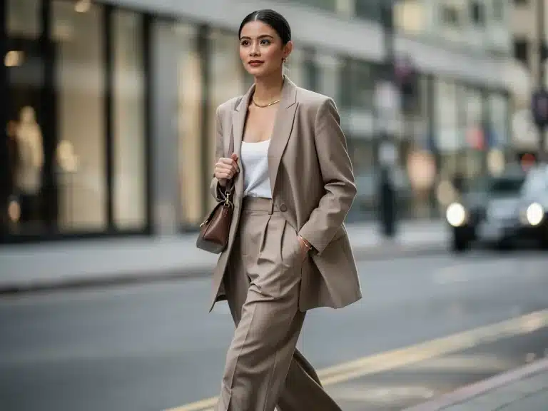 Woman in tailored blazer and wide-leg trousers, embodying 2026 classic trends for everyday wear.