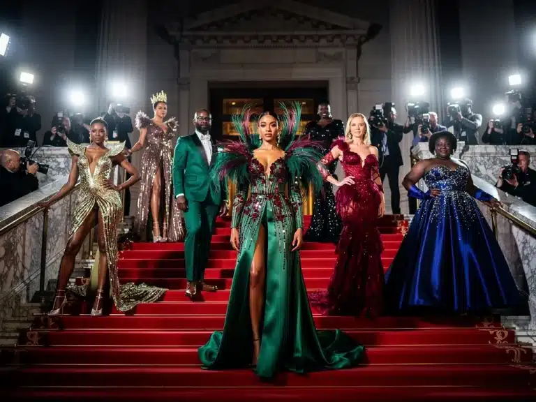 Celebrities in avant-garde fashion ascending the grand staircase at the 2026 Met Gala.