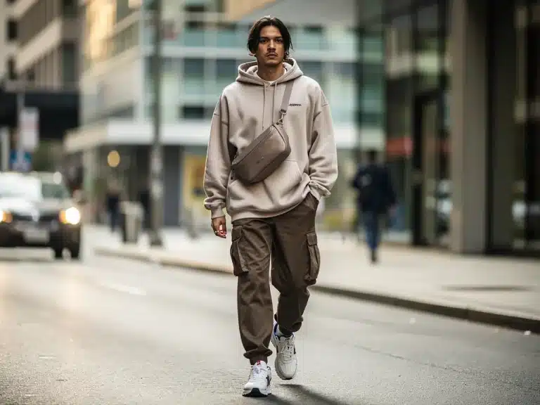 Stylish person in 2026 streetwear capsule on city street