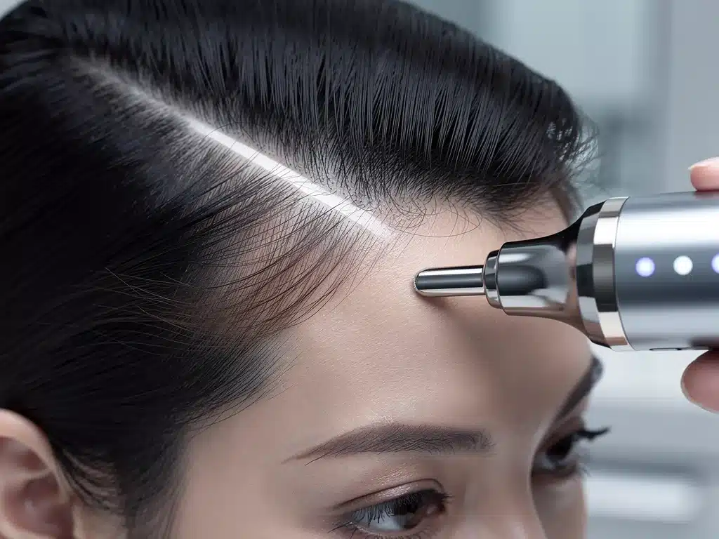 Woman using advanced scalp treatment device for hair growth