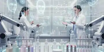 AI-driven beauty product development in a futuristic lab, showcasing precision and innovation