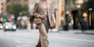 Stylish woman in a budget-friendly, celebrity-inspired blazer and wide-leg trousers