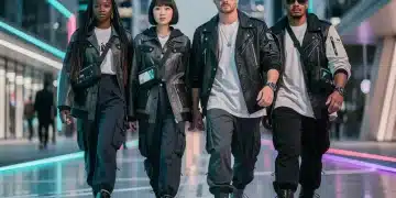 Four A-list celebrities showcasing luxury streetwear in a futuristic city in 2026