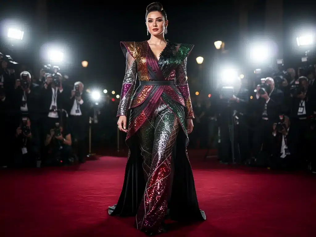 Celebrity on red carpet in custom 2026 fashion collaboration outfit.