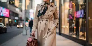 Woman with vintage leather handbag and silk scarf, embodying classic elegance in 2026 fashion.