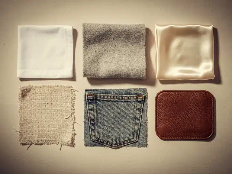 Collection of classic fabric swatches: cotton, linen, wool, silk, denim, leather