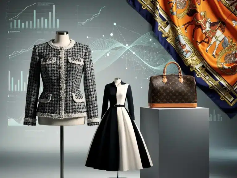 Iconic classic fashion brands collage with data visualization