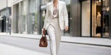 Woman in tailored classic fashion outfit on city street