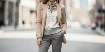 Woman in classic layered outfit, blazer, sweater, scarf, urban setting