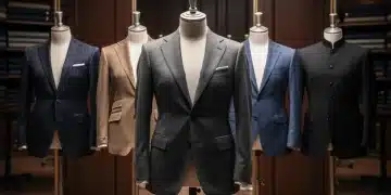 Five classic men's suits of different styles on mannequins in a tailor shop