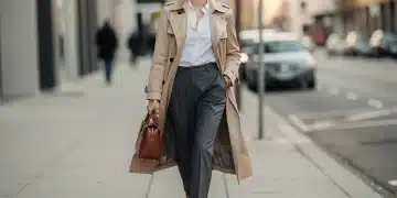 Woman in classic trench coat and tailored trousers, exuding timeless style