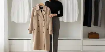 Woman holding classic trench coat in stylish wardrobe