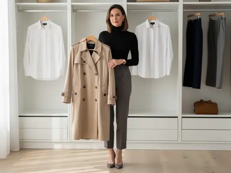 Woman holding classic trench coat in stylish wardrobe