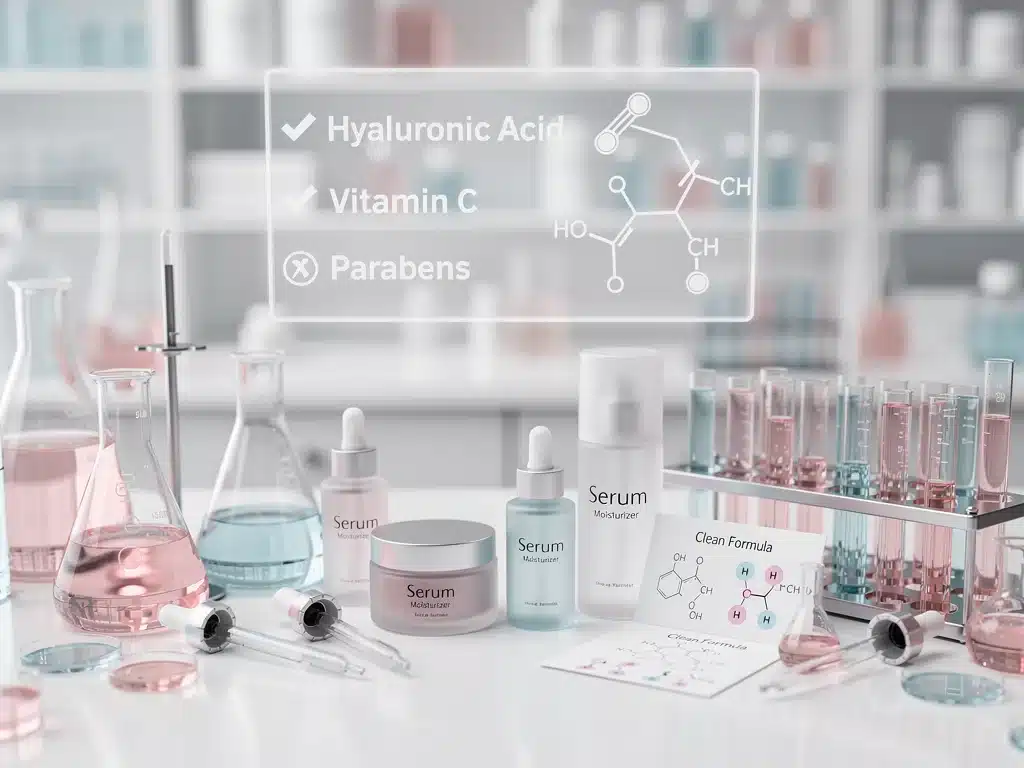 Laboratory equipment representing the chemical analysis of cosmetic ingredients.