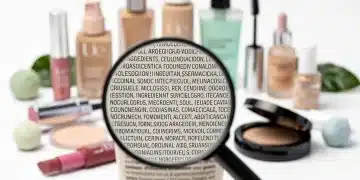 Magnifying glass over a makeup ingredient list, symbolizing the act of decoding harmful chemicals for healthier skin.