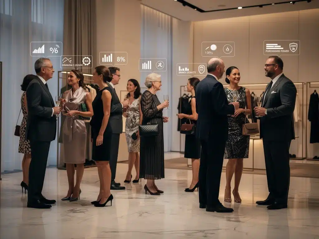 Discerning consumers at luxury fashion event with data overlays