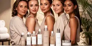 Diverse women with glowing skin, surrounded by luxurious celebrity skincare products.
