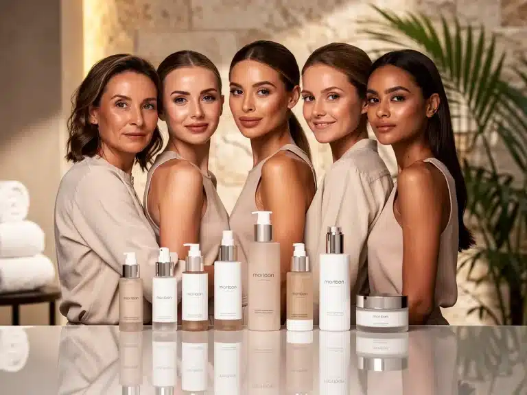 Diverse women with glowing skin, surrounded by luxurious celebrity skincare products.