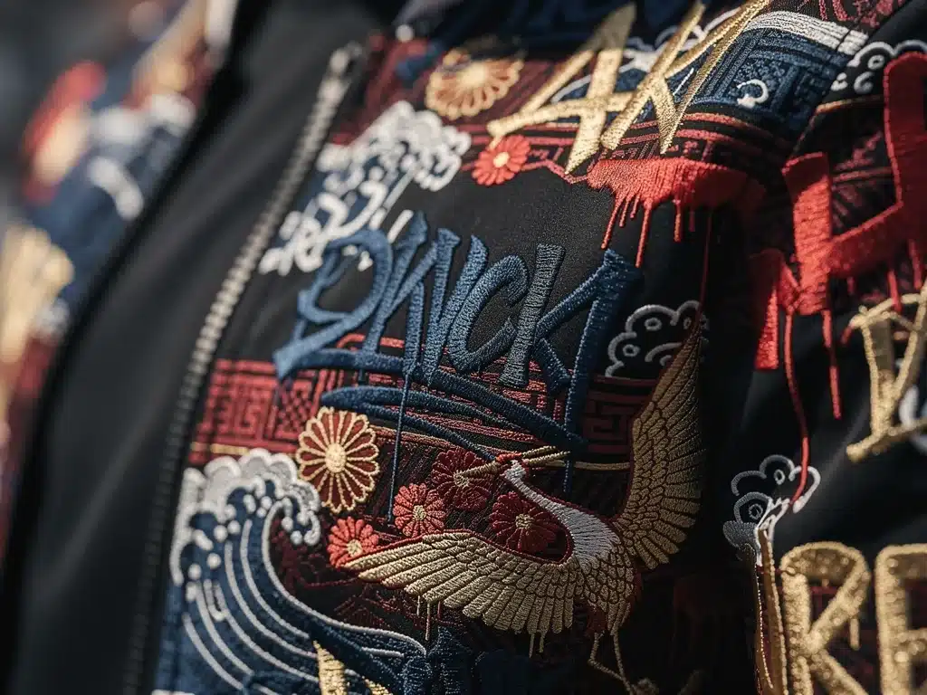 Close-up of embroidered streetwear jacket blending Japanese and American art.
