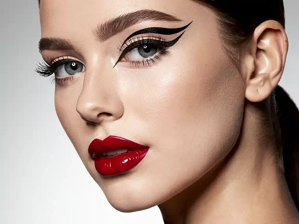 Celebrity with bold artistic eyeliner and vibrant lips, illustrating 2026 expressive makeup.
