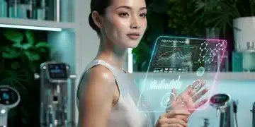 Futuristic woman engaging with personalized skincare technology, glowing skin