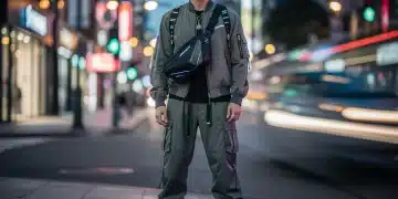 Futuristic streetwear accessories worn by a stylish person in an urban environment.