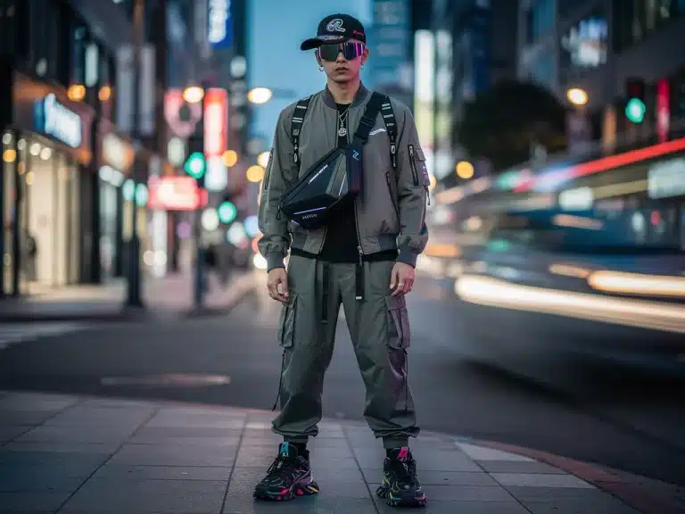 Futuristic streetwear accessories worn by a stylish person in an urban environment.
