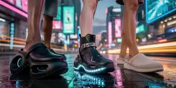 Futuristic streetwear fashion with sculpted clogs, tech boots, and sustainable slip-ons dominating an urban scene in 2026.