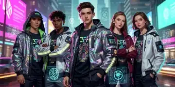 Futuristic streetwear graphics on T-shirts and hoodies in an urban setting, early 2026 trends