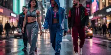Futuristic urban scene with stylish individuals showcasing innovative streetwear fashion trends for 2026.