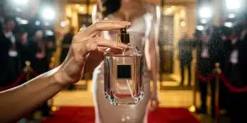 Hollywood celebrity applying luxury perfume at red carpet event 2026