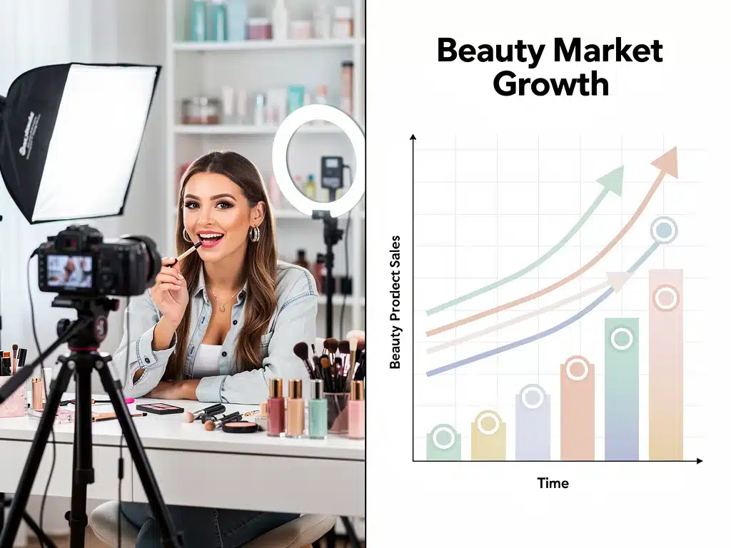 Beauty influencer filming content alongside a graph showing rising product sales