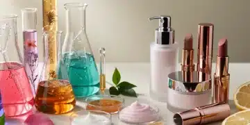 Vibrant cosmetic ingredients in lab beakers and on a vanity, representing innovation in beauty.