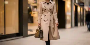 Woman wearing classic trench coat and designer handbag, representing luxury fashion investment