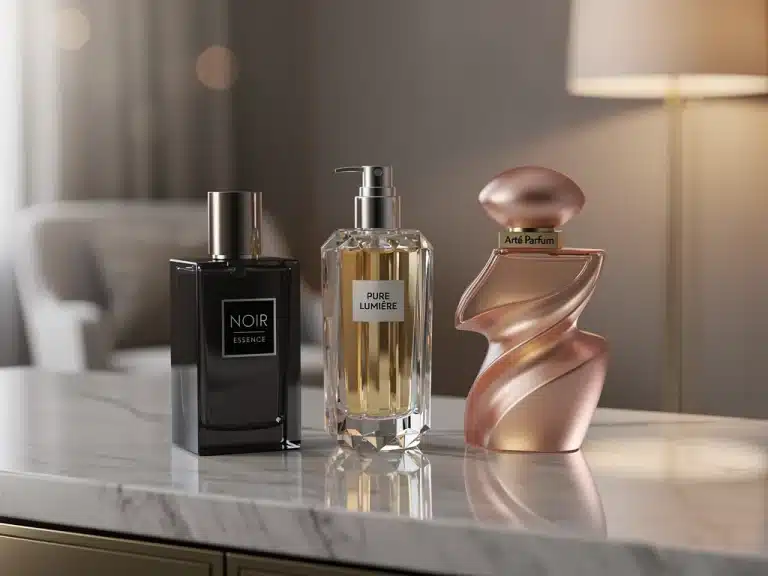 Three exquisite perfume bottles on a vanity, symbolizing a curated scent wardrobe investment for 2026.