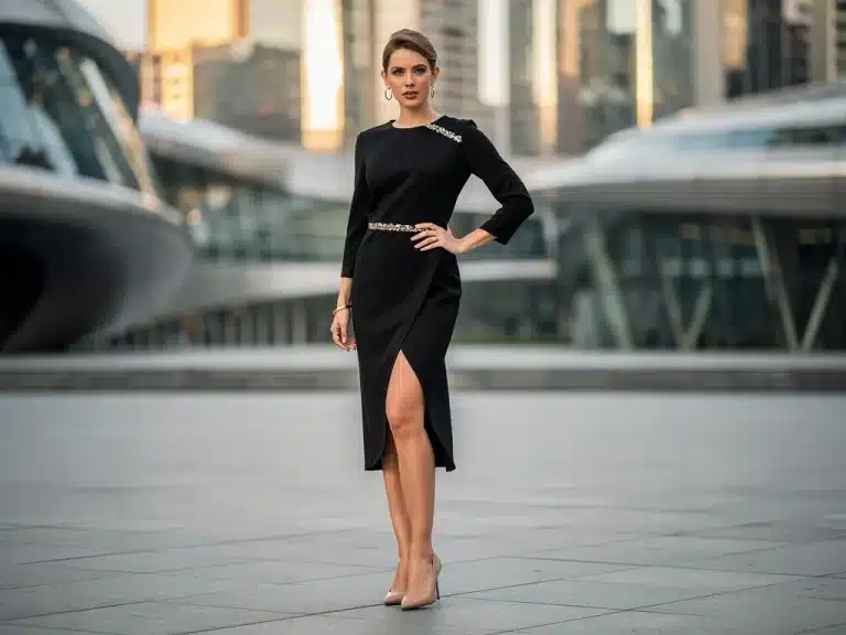 Modern little black dress with asymmetrical hemline and metallic details for 2026 fashion.