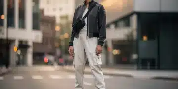 Model in perfectly fitted streetwear, urban background, 2026 fashion