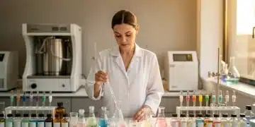 Woman creating personalized fragrance in a lab setting